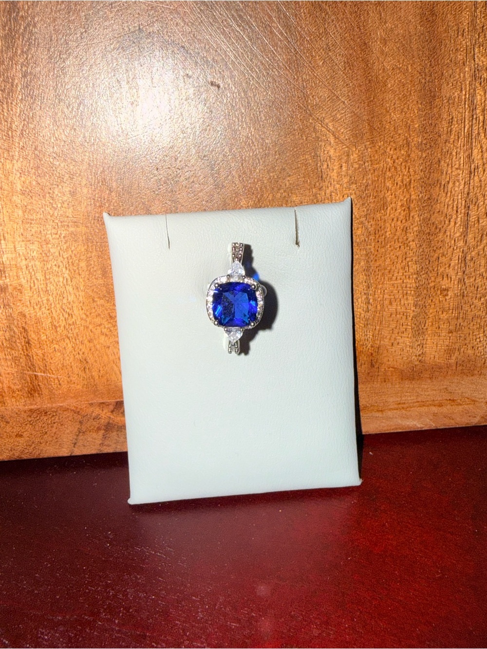 Blue Cushion-Cut Halo Pendant Ring - Silver